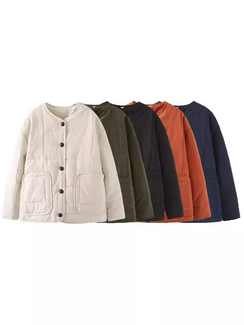 Collarless Quilted Button Front Jacket