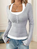 Layered Halter Neck Long Sleeve Top - Grey