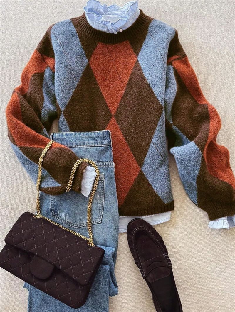 Vintage Argyle Diamond Crewneck Knit Sweater - Brown