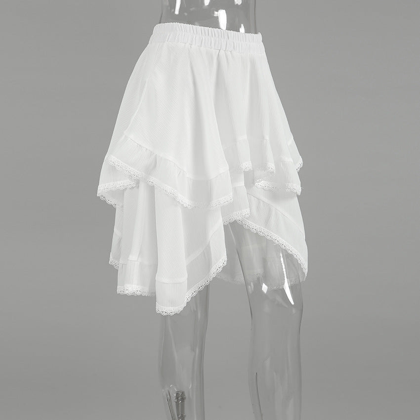 Tiered Ruffle Lace Trim High Low Mini Skirt - White