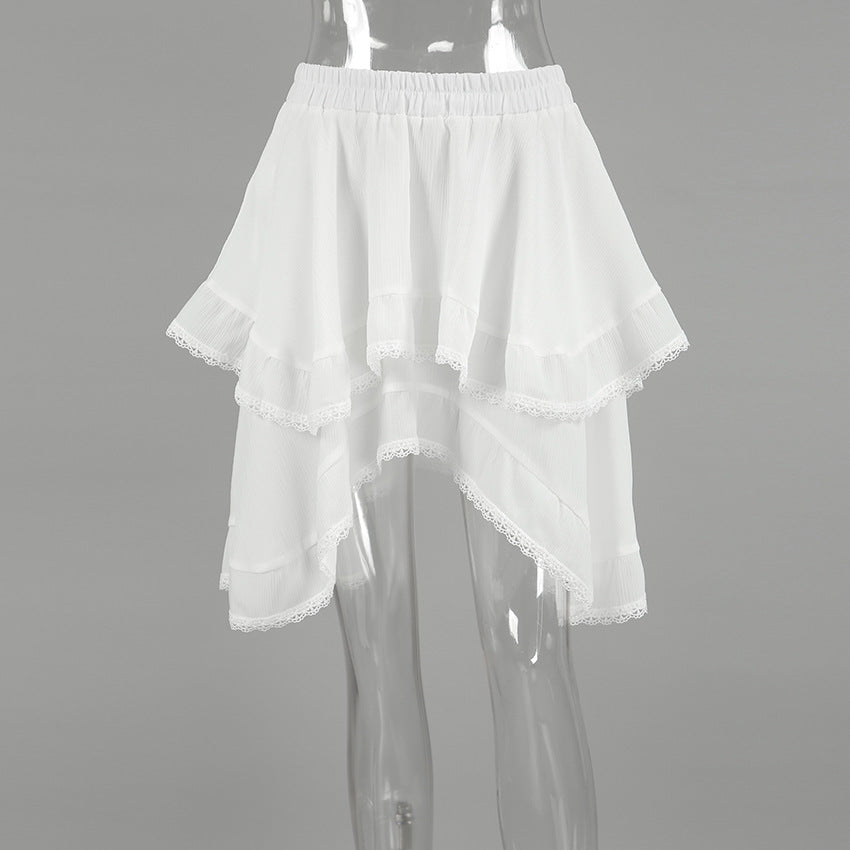 Tiered Ruffle Lace Trim High Low Mini Skirt - White - 1