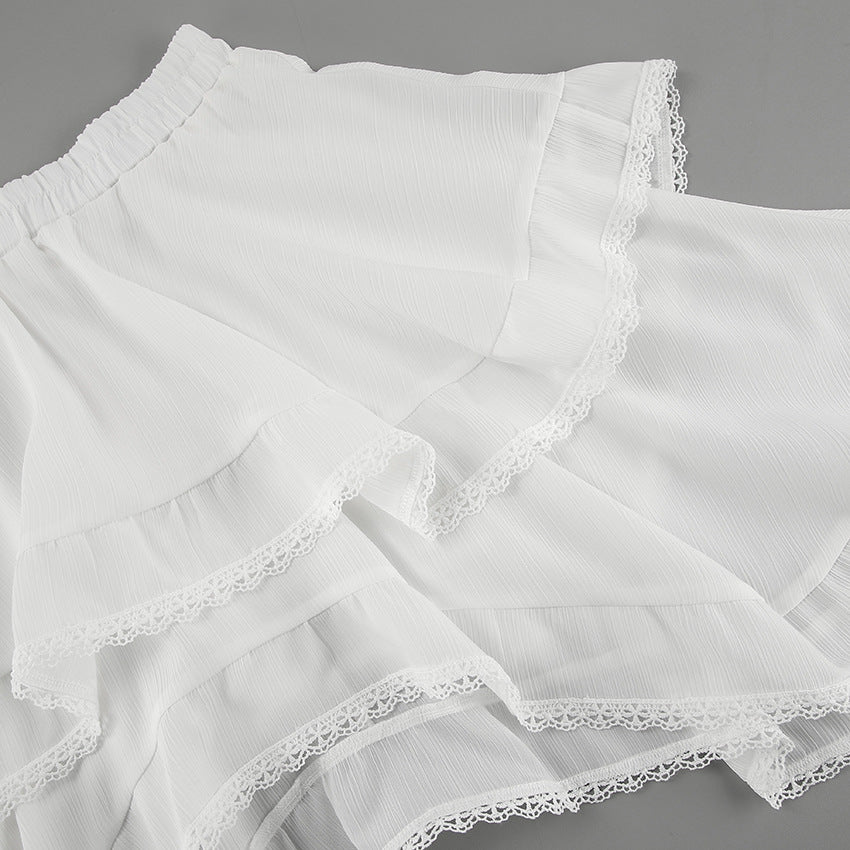 Tiered Ruffle Lace Trim High Low Mini Skirt - White - 2