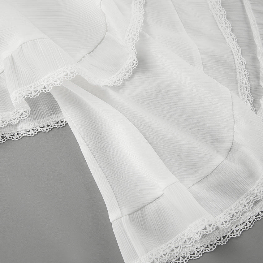 Tiered Ruffle Lace Trim High Low Mini Skirt - White - 3