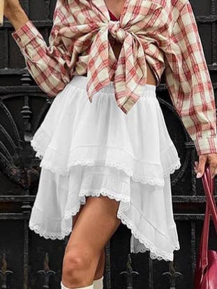 Tiered Ruffle Lace Trim High Low Mini Skirt