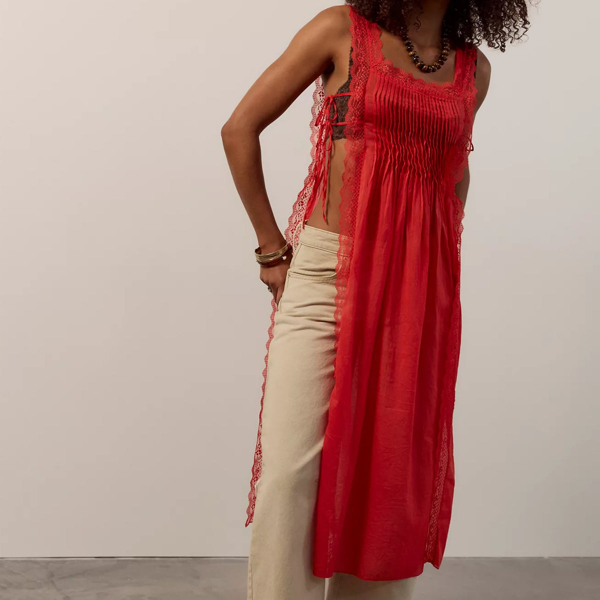 Sheer Lace Mesh Side-Tie Vacation Maxi Dress - Red