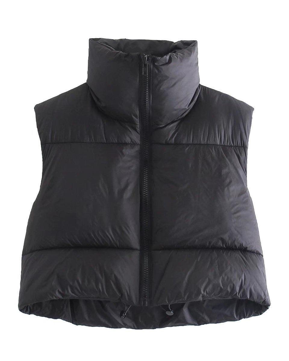 Stand Collar Cropped Puffer Vest Coat - Black