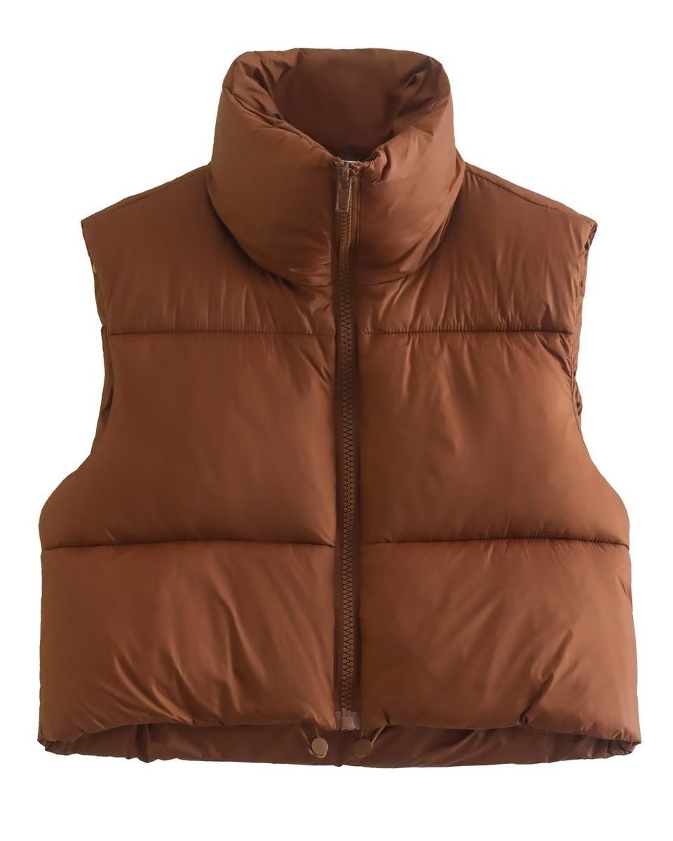 Stand Collar Cropped Puffer Vest Coat - Brown
