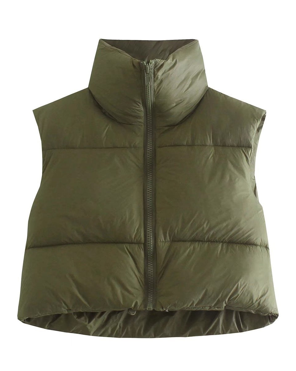 Stand Collar Cropped Puffer Vest Coat - Dark-Green