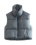 Stand Collar Cropped Puffer Vest Coat - Gray