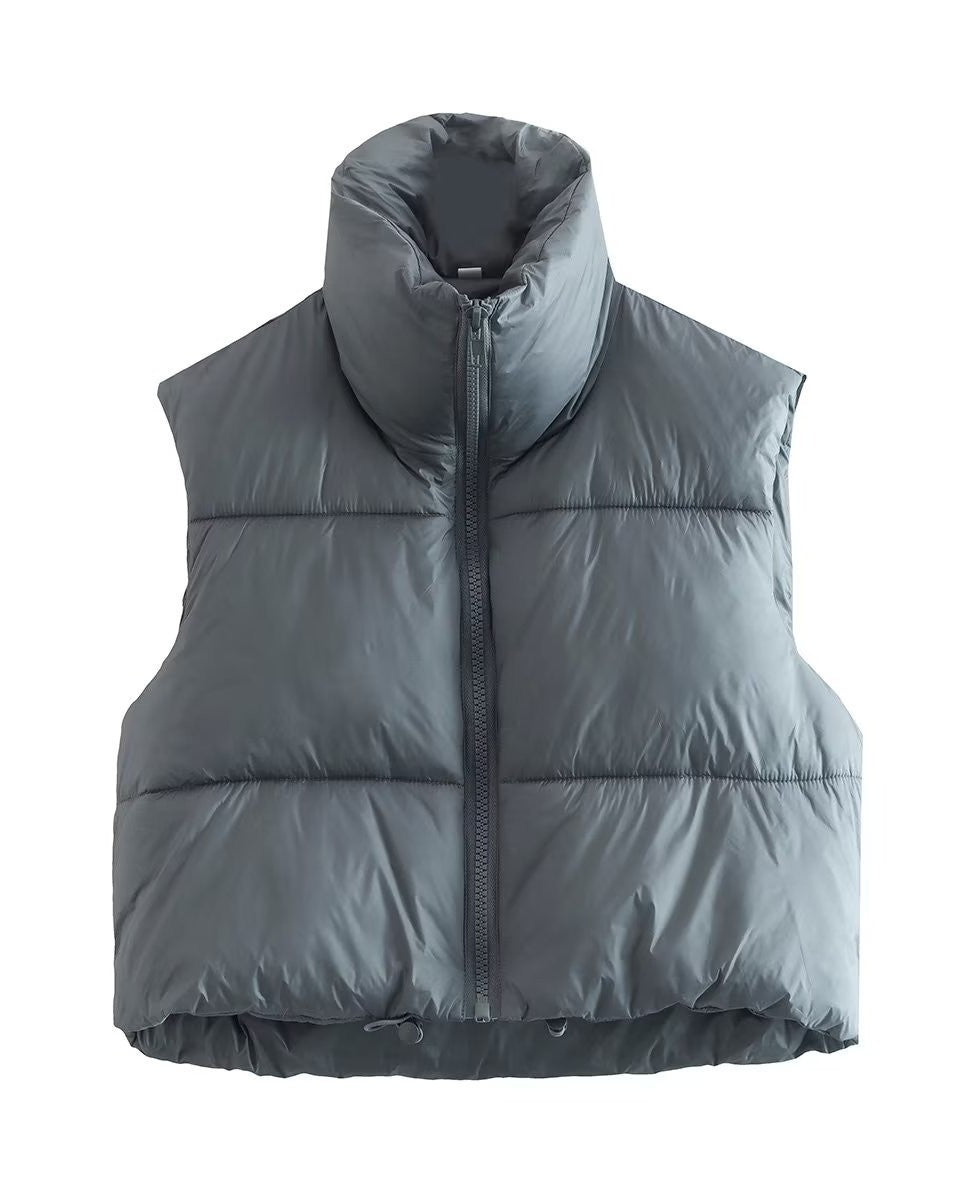 Stand Collar Cropped Puffer Vest Coat - Gray