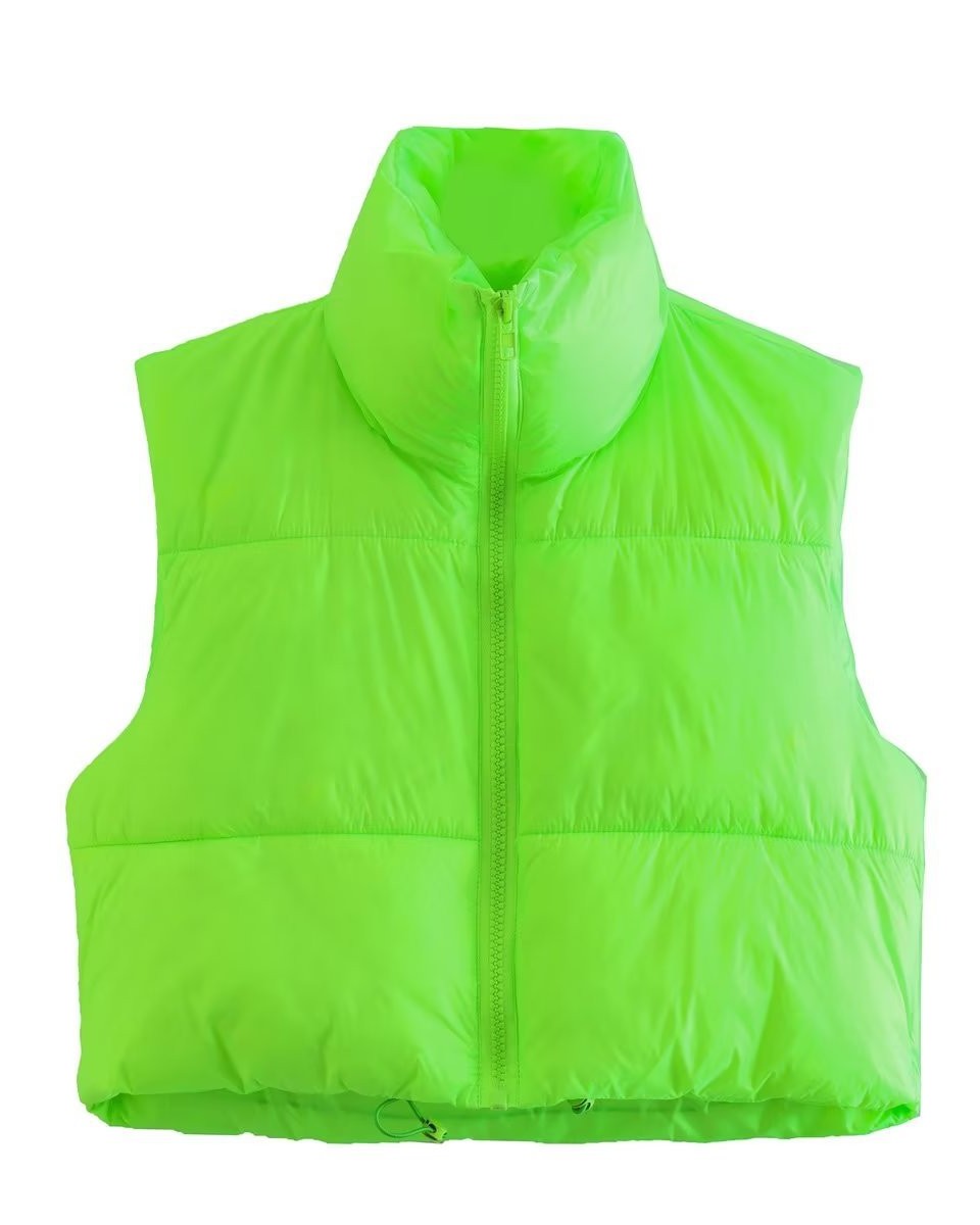 Stand Collar Cropped Puffer Vest Coat - Green_2