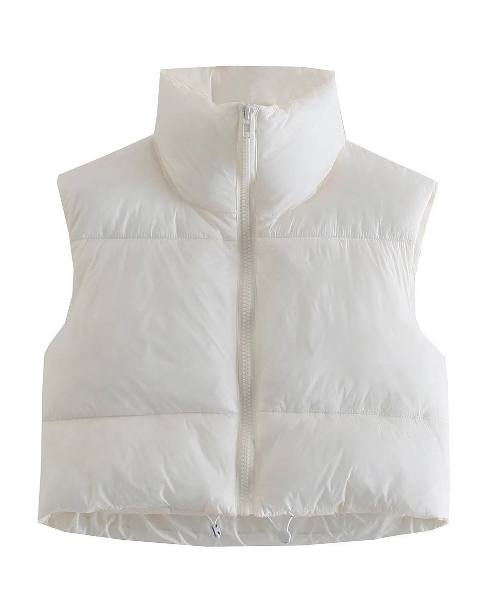 Stand Collar Cropped Puffer Vest Coat - White