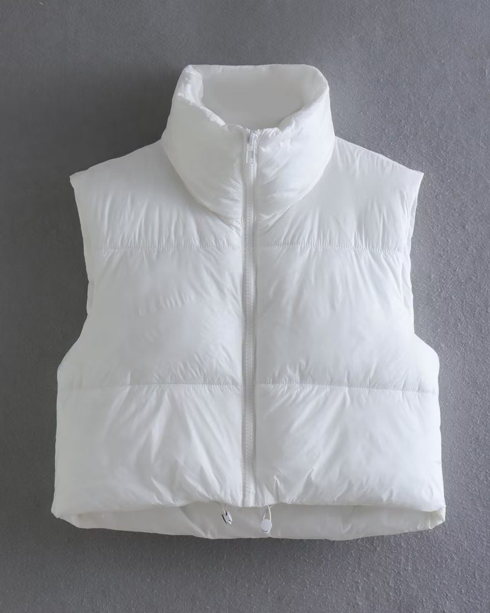 Stand Collar Cropped Puffer Vest Coat - White - 1
