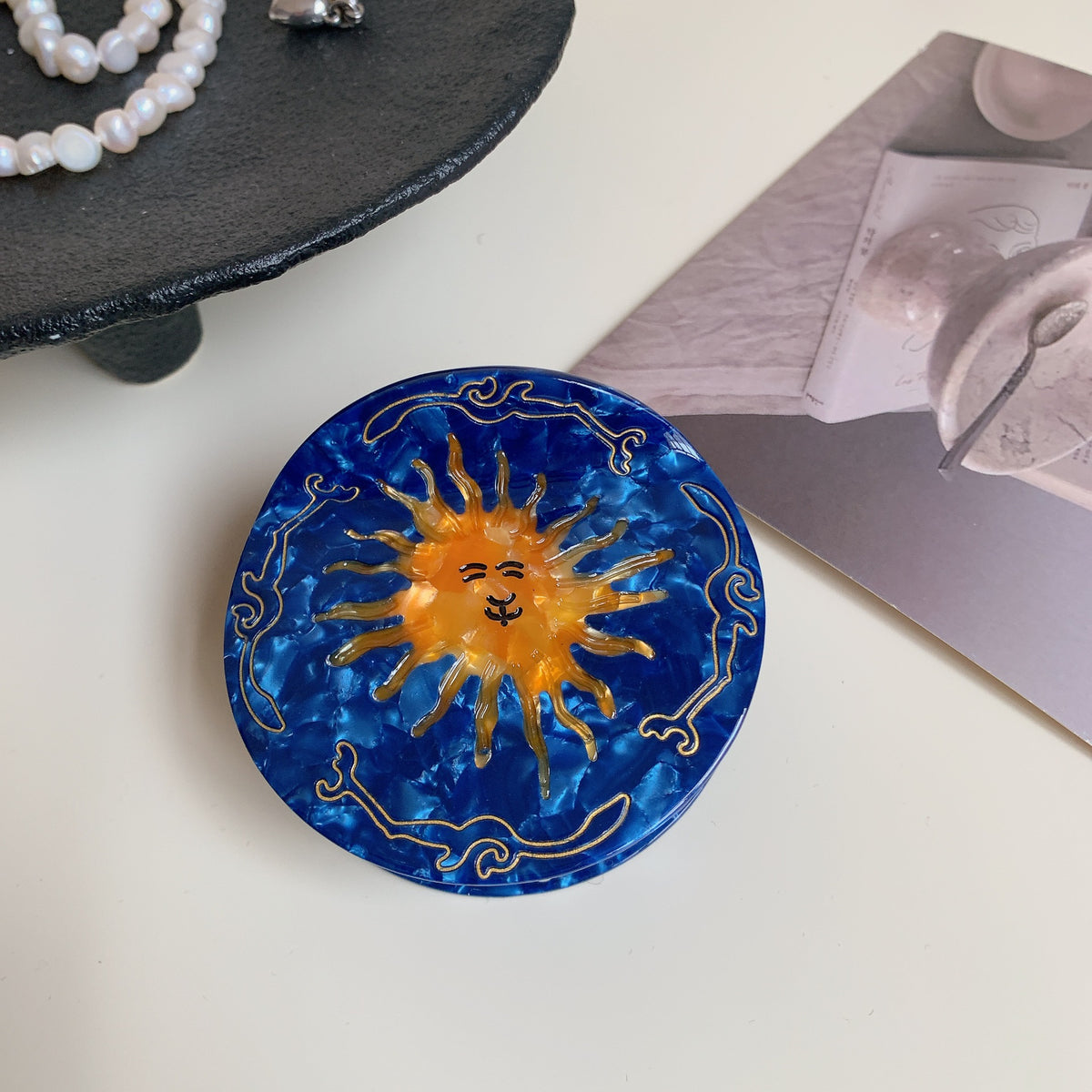 Celestial Sun Face Round Hair Claw Clip - Blue