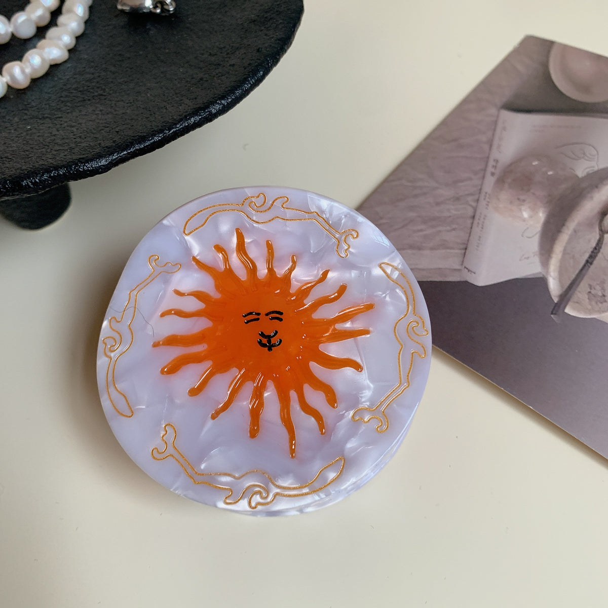Celestial Sun Face Round Hair Claw Clip - White