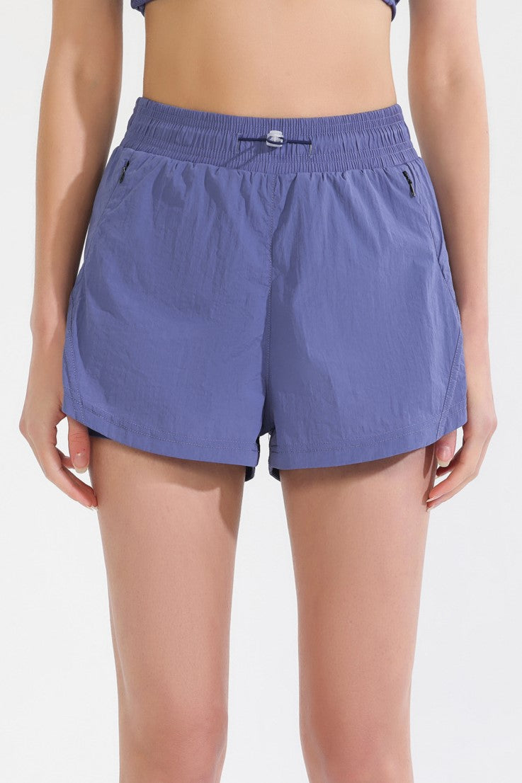 Curved Hem Lined Running Shorts With Zip Pocket - Blue - 2