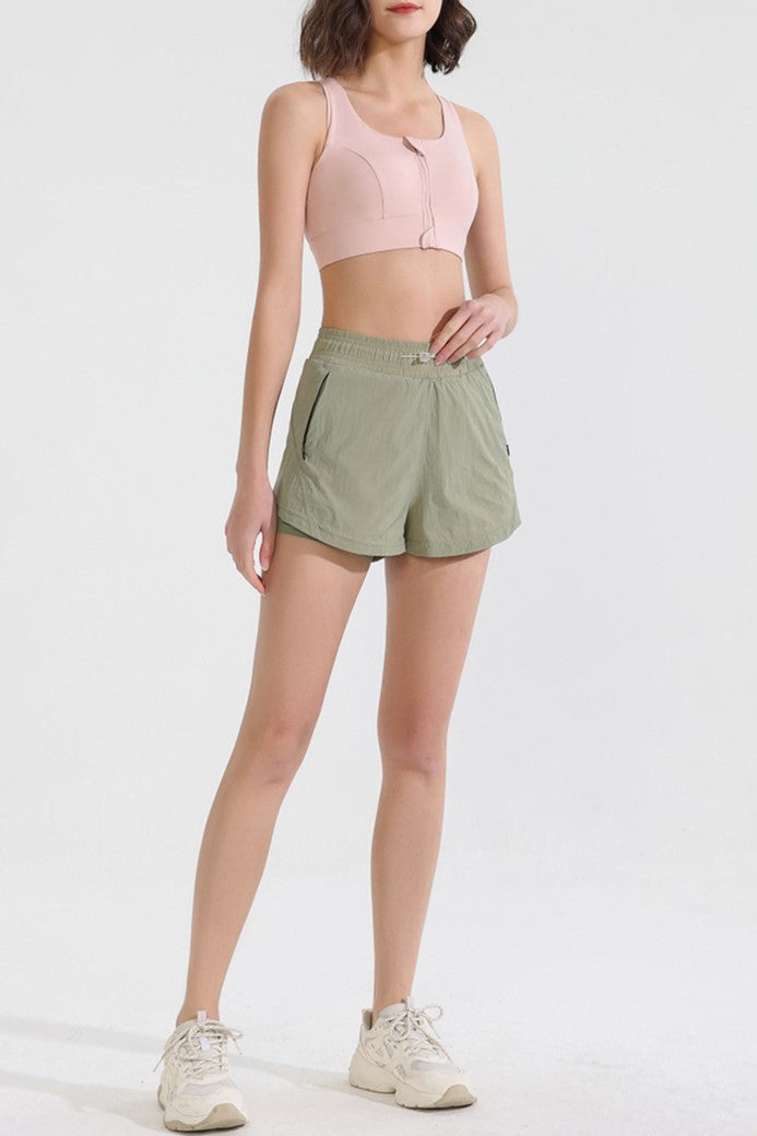 Curved Hem Lined Running Shorts With Zip Pocket - Sage - 1
