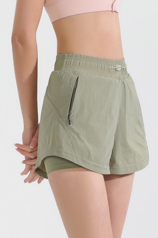 Curved Hem Lined Running Shorts With Zip Pocket - Sage - 2