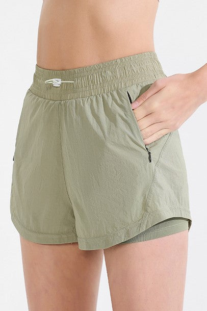 Curved Hem Lined Running Shorts With Zip Pocket - Sage - 3