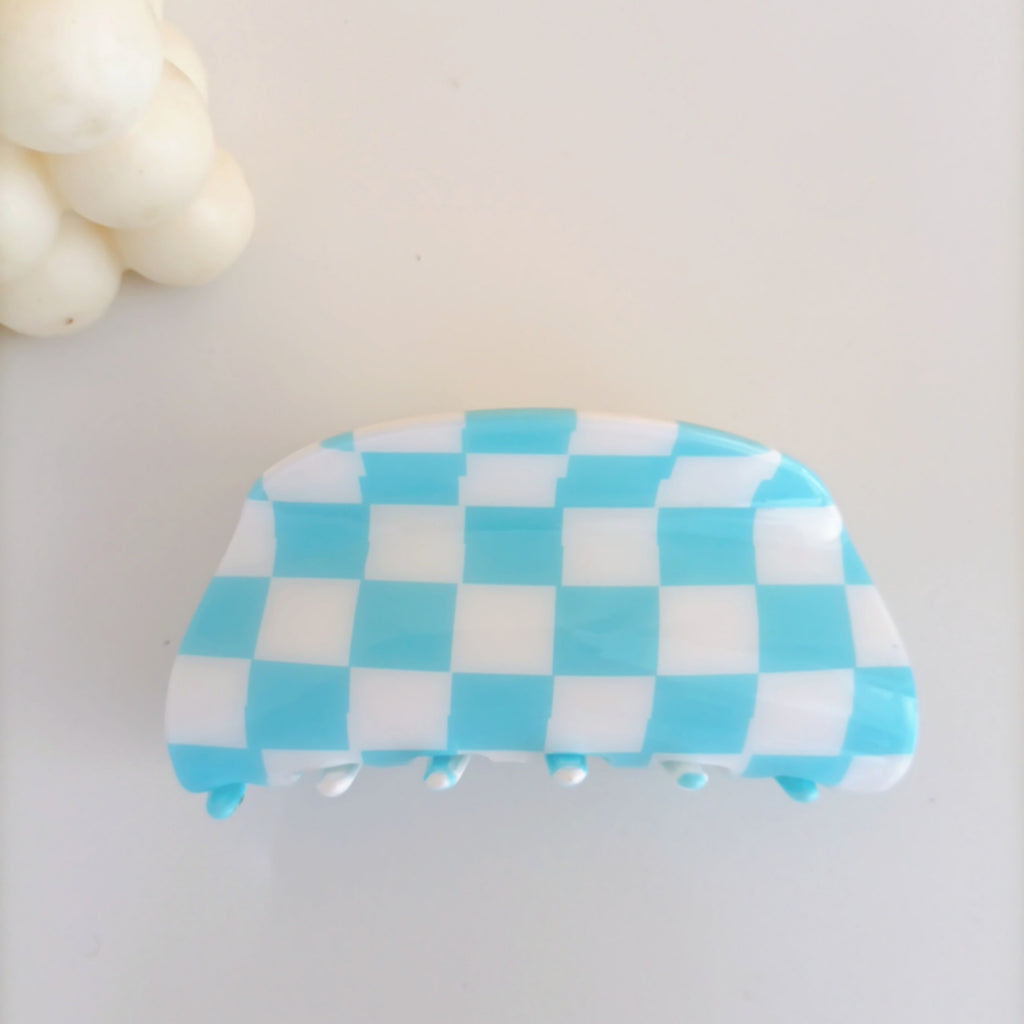 Checkerboard Half Moon Hair Claw Clip - Blue