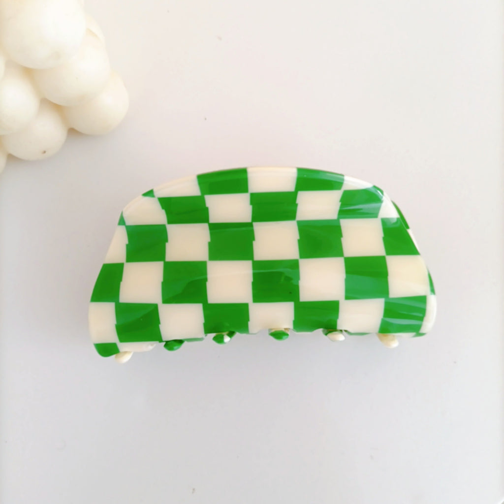 Checkerboard Half Moon Hair Claw Clip - Green