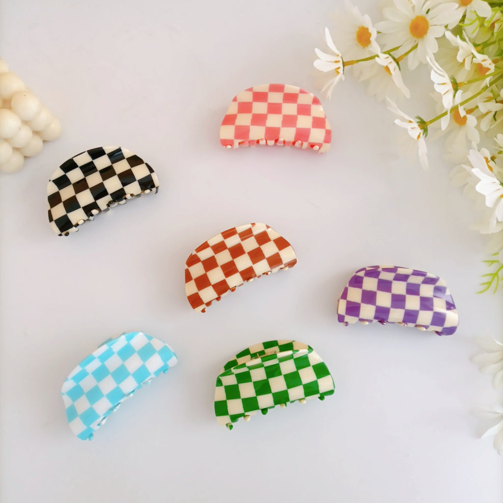 Checkerboard Half Moon Hair Claw Clip
