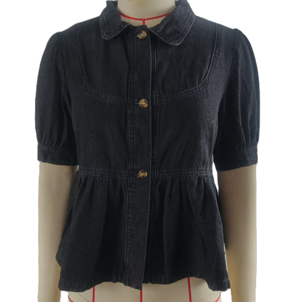 Denim Peplum Blouse With Puff Sleeves - Black