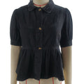 Denim Peplum Blouse With Puff Sleeves - Black