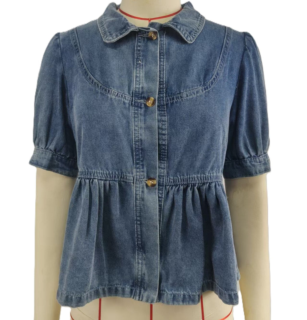 Denim Peplum Blouse With Puff Sleeves - Blue - 1