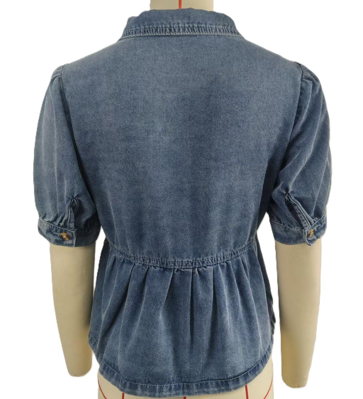 Denim Peplum Blouse With Puff Sleeves - Blue - 2