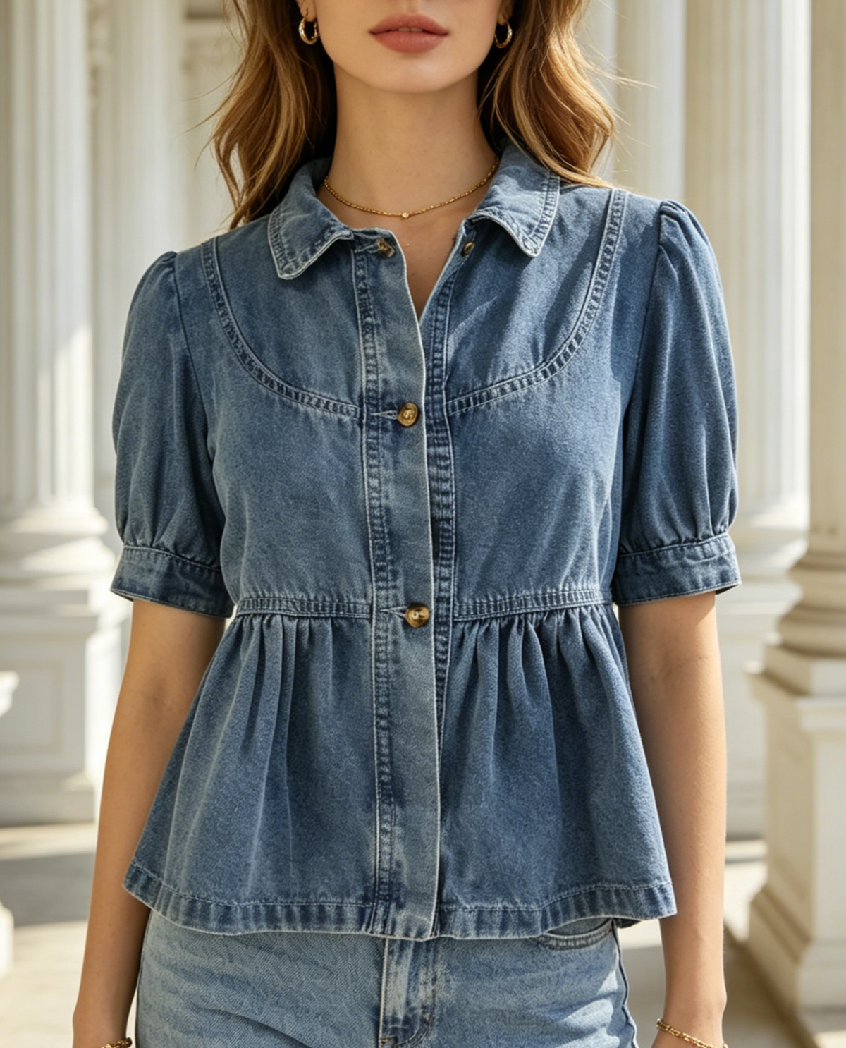 Denim Peplum Blouse With Puff Sleeves - Blue - 3