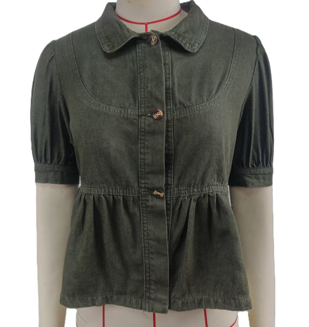 Denim Peplum Blouse With Puff Sleeves - Green