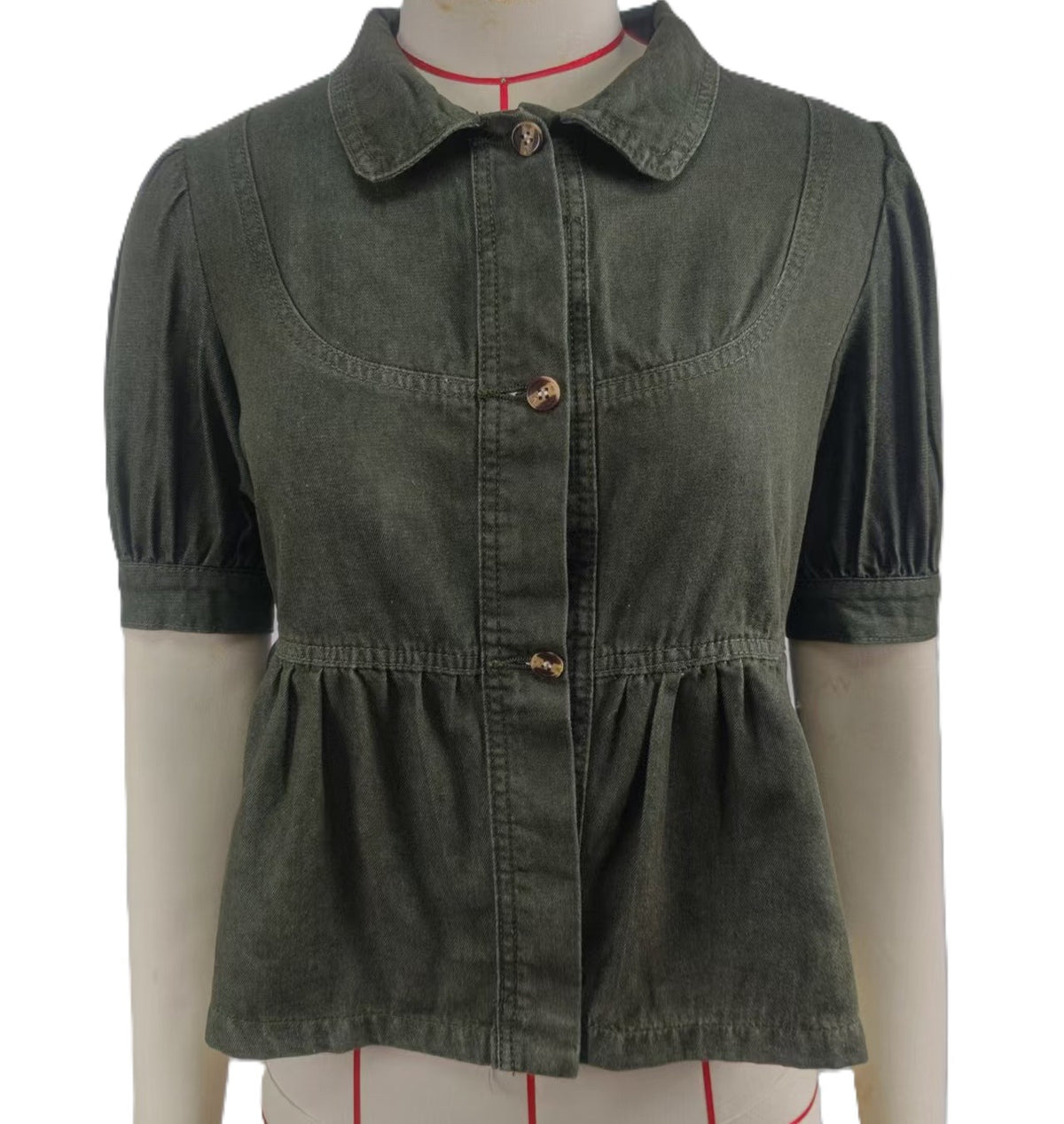 Denim Peplum Blouse With Puff Sleeves - Green