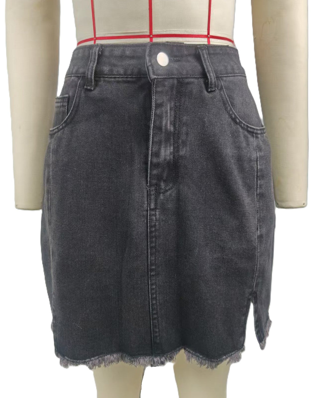 Raw Hem Denim Mini Skirt with Side Slit - Black