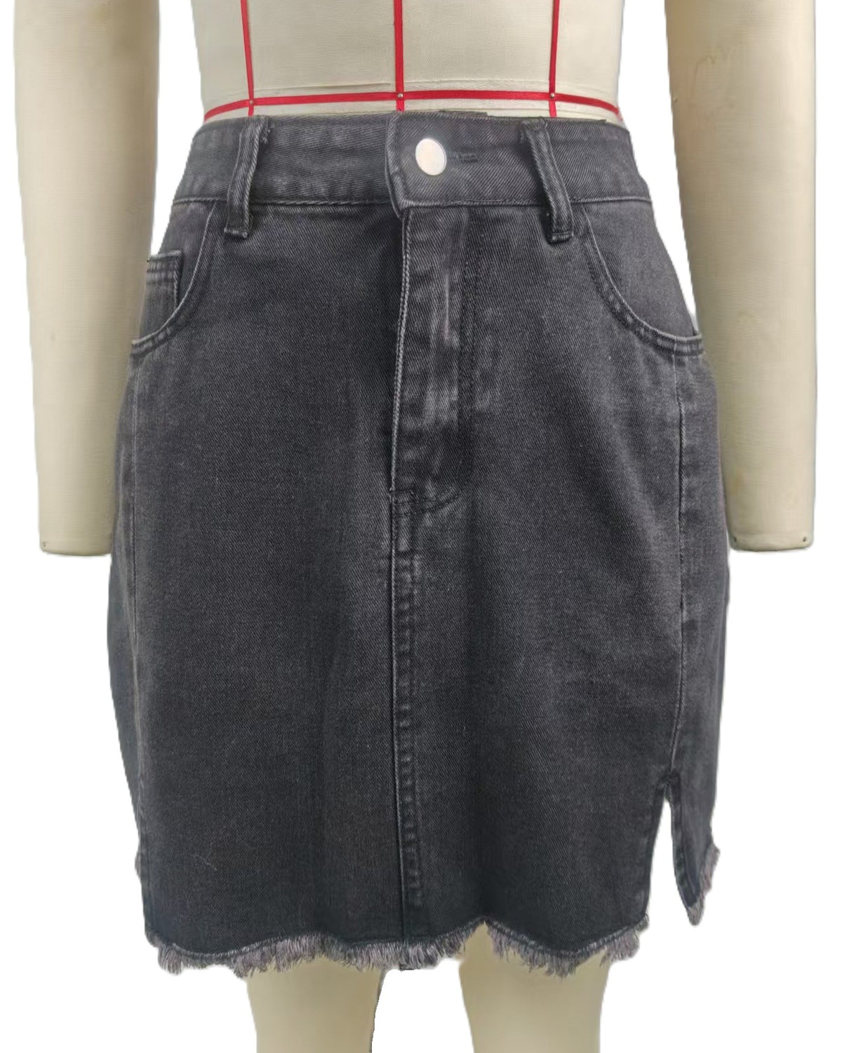Raw Hem Denim Mini Skirt with Side Slit - Black