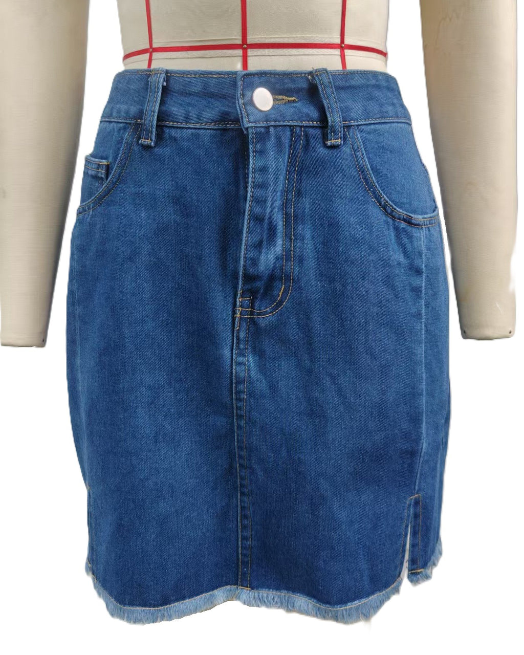 Raw Hem Denim Mini Skirt with Side Slit - Dark-Blue