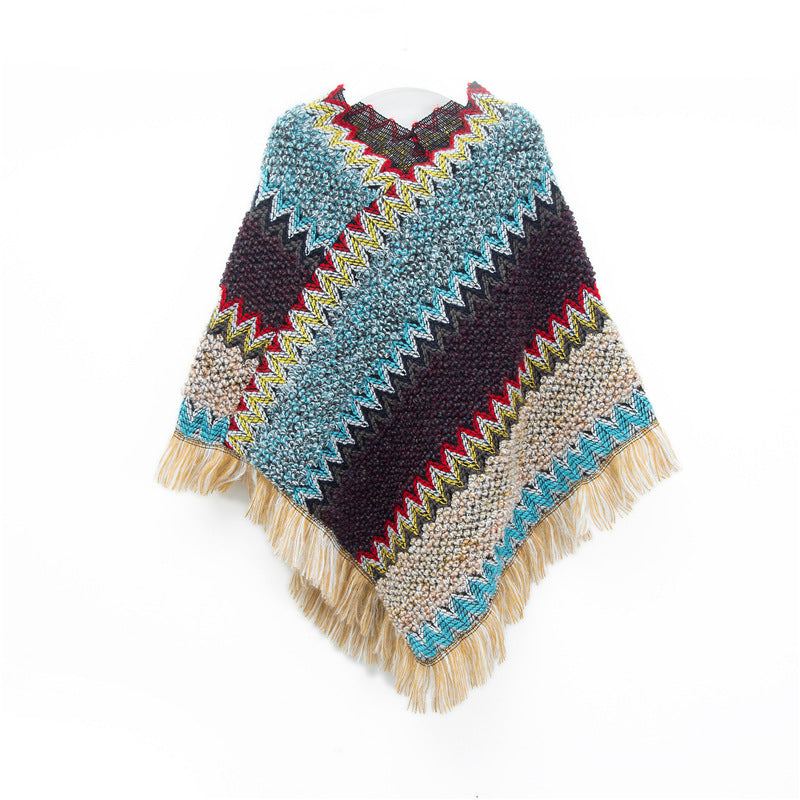 Boho Zigzag Knit Fringe Poncho Wrap - Blue