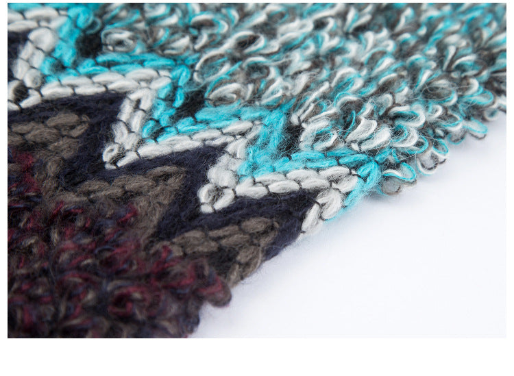 Boho Zigzag Knit Fringe Poncho Wrap - Blue - 1