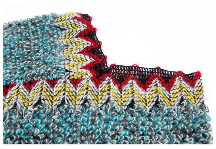 Boho Zigzag Knit Fringe Poncho Wrap - Blue - 2