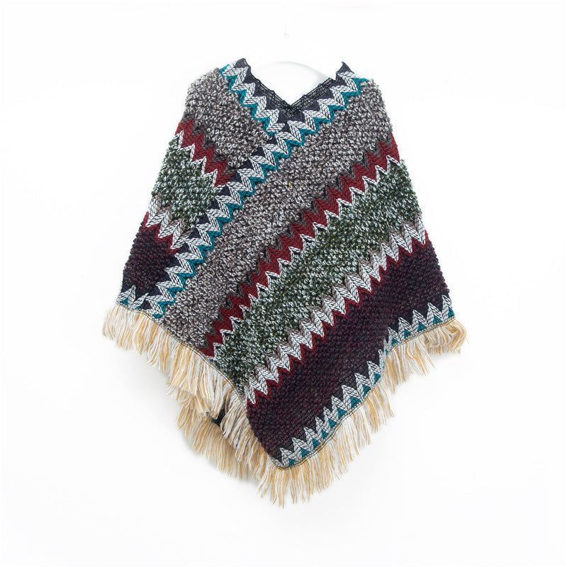 Boho Zigzag Knit Fringe Poncho Wrap - Brown