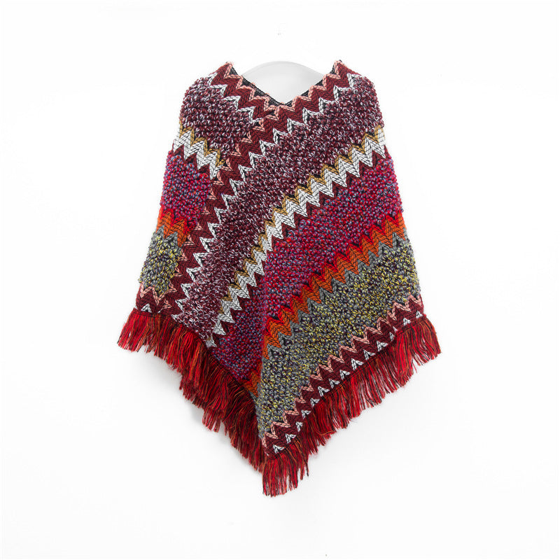 Boho Zigzag Knit Fringe Poncho Wrap - Burgundy