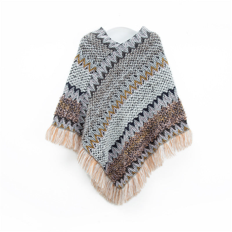 Boho Zigzag Knit Fringe Poncho Wrap - Gray