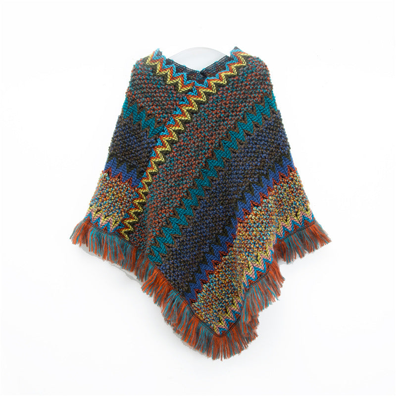Boho Zigzag Knit Fringe Poncho Wrap - Navy