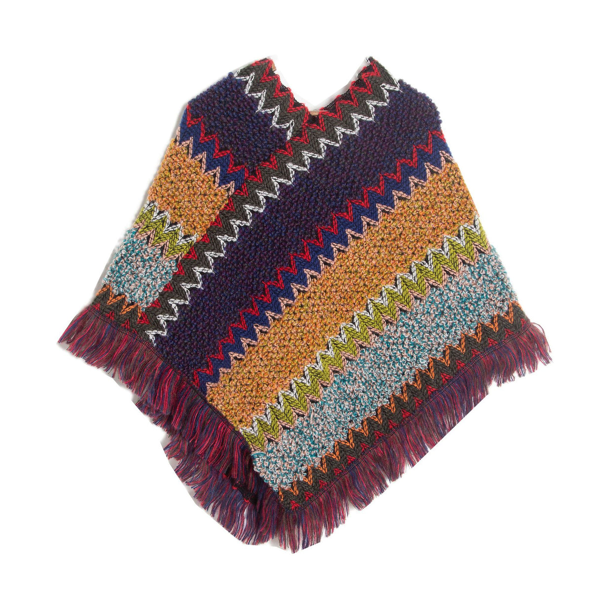 Boho Zigzag Knit Fringe Poncho Wrap - Purple