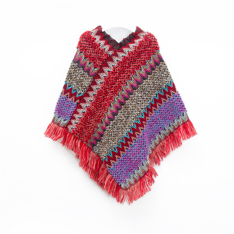 Boho Zigzag Knit Fringe Poncho Wrap - Red