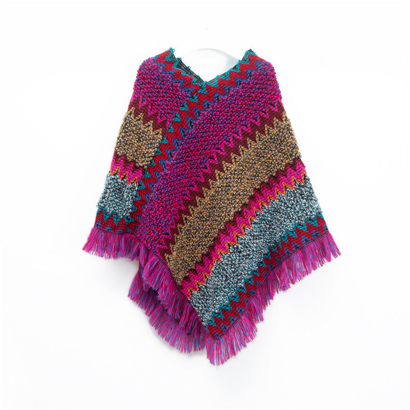 Boho Zigzag Knit Fringe Poncho Wrap - Rose