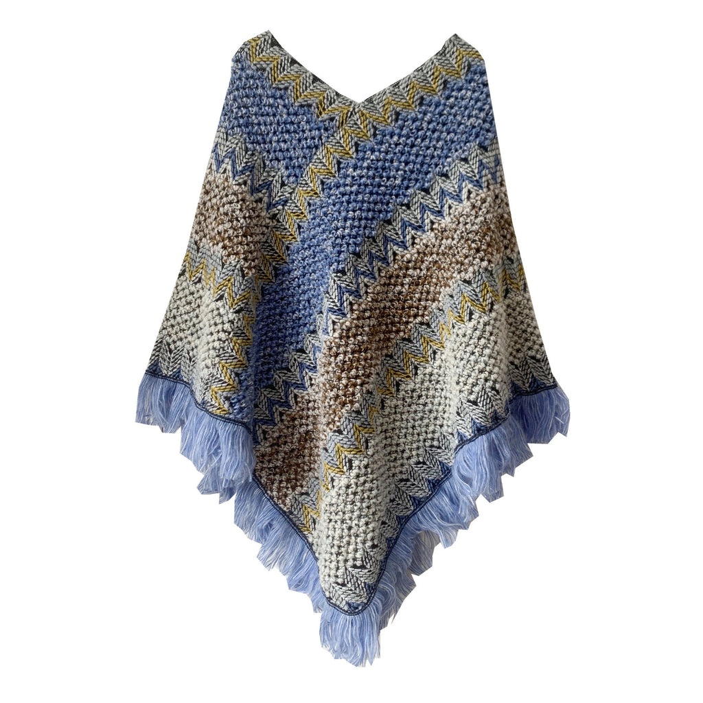 Boho Zigzag Knit Fringe Poncho Wrap - Tan