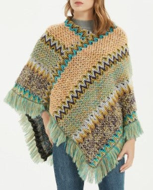 Boho Zigzag Knit Fringe Poncho Wrap - Yellow
