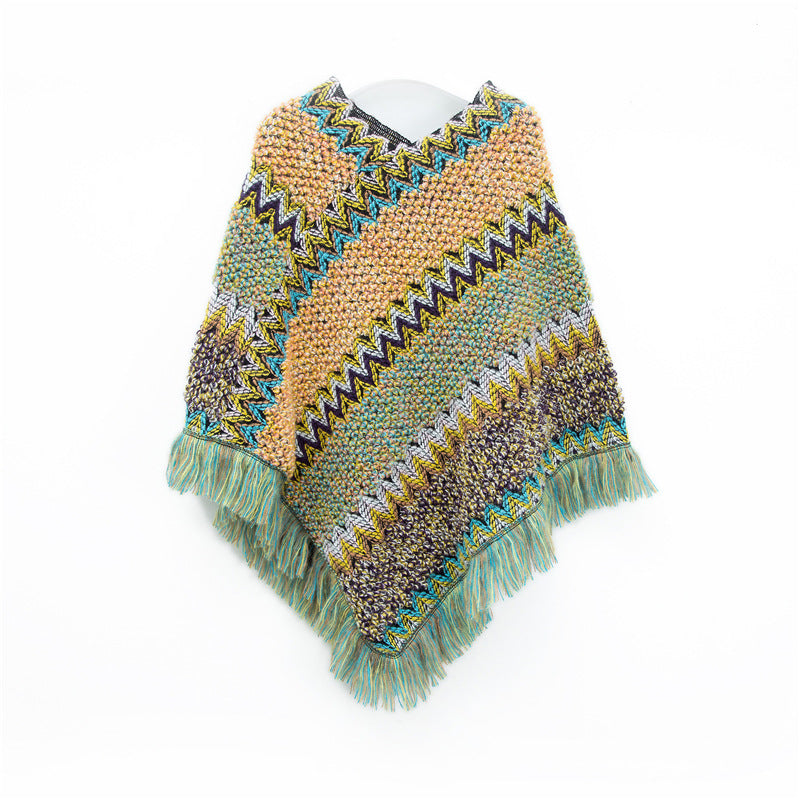 Boho Zigzag Knit Fringe Poncho Wrap - Yellow - 1