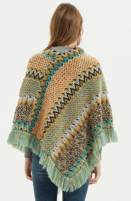 Boho Zigzag Knit Fringe Poncho Wrap - Yellow - 2